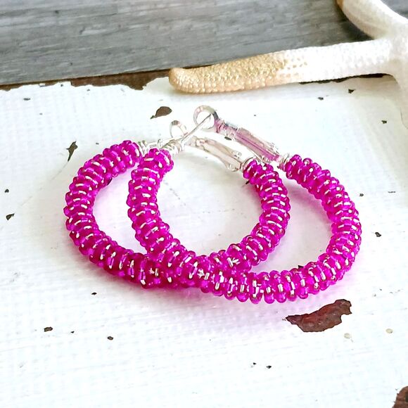 Pink Beaded Hoop Earrings, Seed Bead Jewelry, Handmade Jewelry 1.5" - Picture 1 of 3